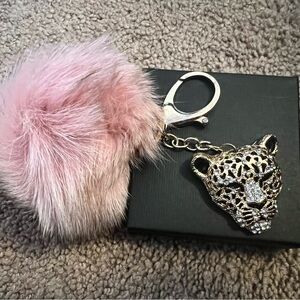 Pink and Gold Leopard Keychain with Fur Pom Pom